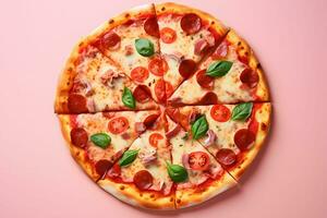 ai generado rebanado Pizza parte superior ver en pastel antecedentes. rápido alimento. ai generativo foto