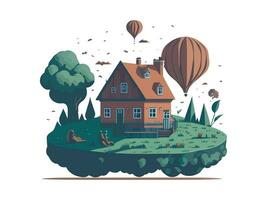 AI generated A tree and a house nature illustration vector on isolated background