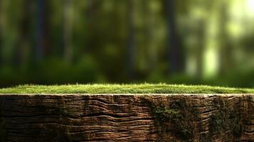 ai generado vacío de madera mesa con un borroso verde frondoso antecedentes y luz de sol filtración mediante el árboles, ideal para producto mostrar. foto