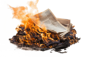 AI generated Burning newspaper with flame. Concept of propaganda and fake news png