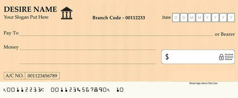 un blanco talonario de cheques con un suave amarillo fondo, un banco cheque página con falso información Listo a editar archivo vector