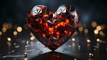 AI generated Geometric heart-shaped structure glowing red with intricate facets, centered against a dark backdrop with soft bokeh lights. Ideal for themes of love and luxury. photo