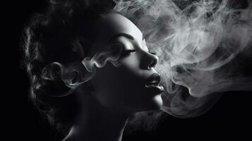 ai generado negro y blanco artístico retrato de un mujer con cerrado ojos, exhalando fumar ese remolinos alrededor su cara foto
