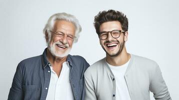 AI generated A heartwarming portrait of a senior man and a young adult male laughing together, showcasing a genuine multigenerational connection photo