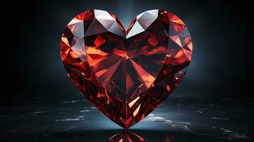 AI generated 3D-rendered image of a large, faceted ruby heart with intricate cuts, shimmering with light, placed on a reflective, dark background photo