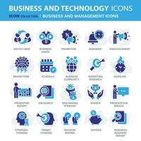 Business and management icon set. Icons for leadership, teamwork, job and work, statistics, analytics and advertising. Flat vector illustration. Blue icon for business collection