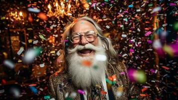 AI Generated old man with white beard celebrates a party with a lot of confetti photo