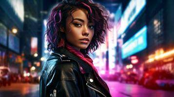 AI Generated young woman with leather jacket stands in the neon light of a city photo
