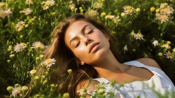 ai generado joven bonito mujer acostado relajado en verde prado disfrutando naturaleza foto