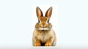 AI Generated cute bunny looks at the camera against white background, generative AI photo