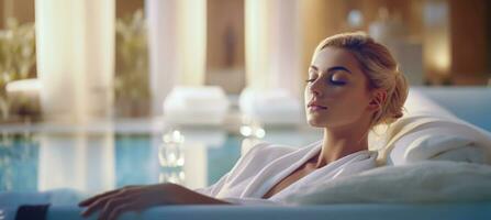 AI Generated a pretty blonde woman in a bathrobe lies relaxed in silence on a comfortable sofa and has her eyes closed, generative AI photo