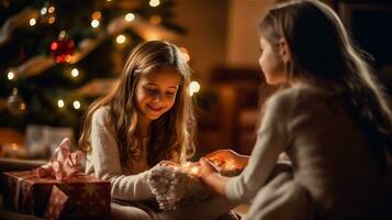 ai generado dos joven muchachas sentado debajo Navidad árbol desenvolviendo regalos en acogedor familia atmósfera foto