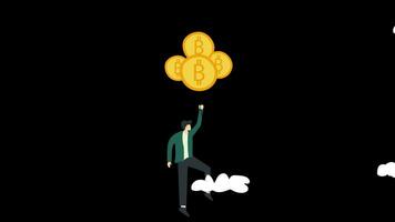 2d animated of young man traders or investments fly into the sky with gold coin hot air balloons. the concept of investing in crypto makes a profit. 4k animation motion graphic video footage. Alpha