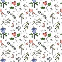 Floral pattern. White vector seamless background with cute hand drawn flowers, leaf elements. Decorative plants repeat illustration