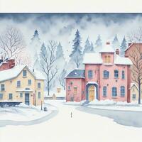 ai generado acuarela ilustración de un residencial pueblo con casas en el antecedentes de un invierno bosque y naturaleza. Navidad diseño. foto