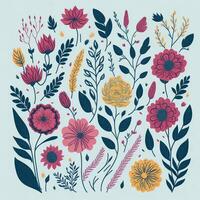 AI Generated Set of cute drawn flowers and floral elements. Illustration photo