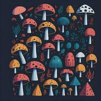 AI Generated Floral Hippie Mushrooms Summer Groovy Flower. Boho retro colours whimsical fly agaric dark background fungus surface design. photo