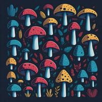 AI Generated Floral Hippie Mushrooms Summer Groovy Flower. Boho retro colours whimsical fly agaric dark background fungus surface design. photo