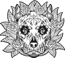 Floral fantasy dog head muerte monochrome vector illustrations for your work logo, merchandise t-shirt, stickers and label designs, poster, greeting cards advertising business company or brands.
