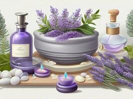 AI Generated Spa composition with flowers of lavender, cream, salt and bottle of essential oil photo