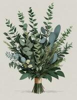 AI Generated Bouquet of eucalyptus and succulents in pots stand on a table photo
