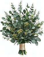 AI Generated Bouquet of eucalyptus and succulents in pots stand on a table photo