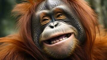 AI Generated an orangutan grins amusedly into the camera, generative AI photo