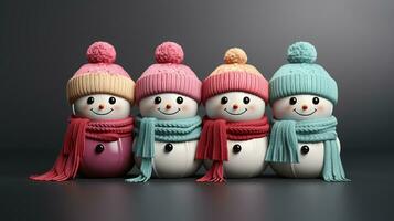 AI generated Small Christmas winter figures wrapped in scarf and cap stand in a row, generative AI photo