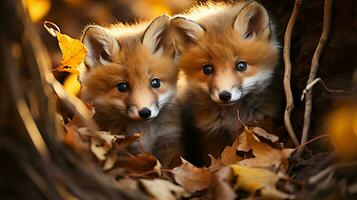 AI generated two young cute foxes cuddle together in deciduous forest, generative AI photo