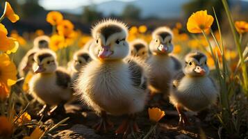 AI generated cute cuddly duck family waddling through green grass with sunlight behind them, generative AI photo