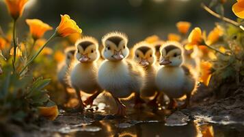 AI generated cute cuddly duck family waddling through green grass with sunlight behind them, generative AI photo