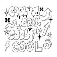 Outline doodle set with 90s style lettering with word Cool, arrows and stars. Black hand drawn signs and words in bubble, street style graffiti. Good for social media, background, post, greeting card. vector