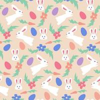 Easter holiday seamless pattern with bunnies and eggs. Hand drawn elements in childish cut out style on peach background. Trendy print design for textile, wallpaper, interior decoration vector