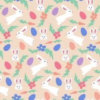 Easter holiday seamless pattern with bunnies and eggs. Hand drawn elements in childish cut out style on peach background. Trendy print design for textile, wallpaper, interior decoration vector