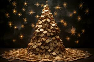 AI Generated Golden shiny Christmas tree with coins. High quality photo