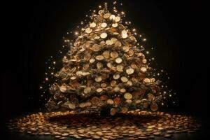 AI Generated Golden shiny Christmas tree with coins. High quality photo