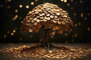 AI Generated Money Tree.Money tree made from gold coins. High quality photo