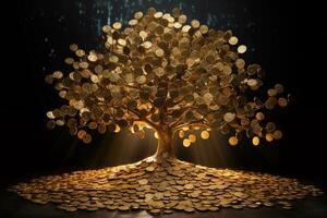 AI Generated Money Tree.Money tree made from gold coins. High quality photo