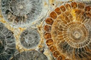 AI generated Fossilized ammonite texture background, ancient and intricate ammonite fossils, prehistoric and geological surface, rare and fossilized photo