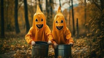 AI generated Happy Halloween funny children in carnival costumes hide their heads behind buckets pumpkins outdoors. photo