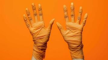 AI generated Photo of two mummy hands on empty orange background.
