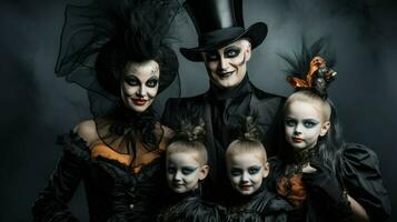 AI generated Happy family mother father and children in costumes and makeup on Halloween. photo