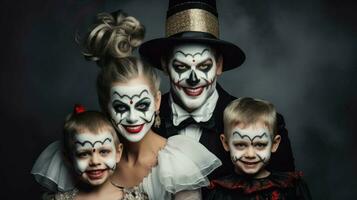 AI generated Happy family mother father and children in costumes and makeup on Halloween. photo