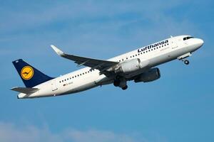 Munich, Germany, 2017 - Lufthansa passenger plane at airport. Schedule flight travel. Aviation and aircraft. Air transport. Global international transportation. Fly and flying. photo