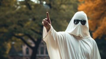 ai generado persona en Víspera de Todos los Santos disfraz de fantasma con Gafas de sol puntos lejos. foto