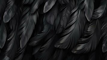 AI generated Black feathers background as beautiful abstract wallpaper header. photo