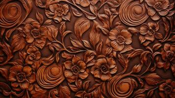 AI generated Vintage brown leather with embossed floral pattern photo