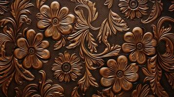 AI generated Vintage brown leather with embossed floral pattern photo