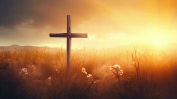 AI generated Ascension day concept. The cross on meadow autumn sunrise background. photo