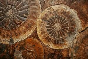 AI generated Fossilized ammonite texture background. Prehistoric and geological surface photo